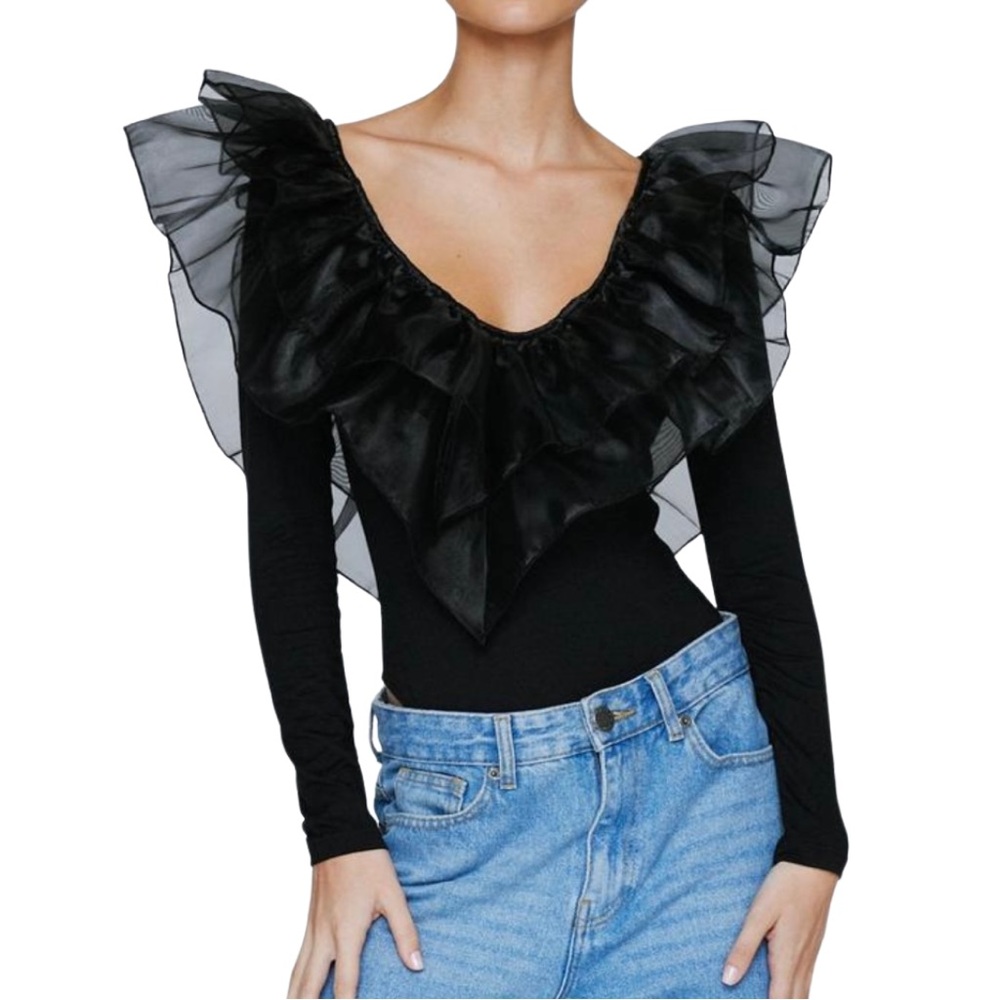 Nasty Gal Black V-Neck Elegant Ruffled Long Sleeve Bodysuit (US Petite 8)